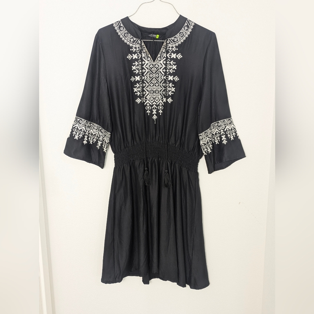 Tokio Talking New Embroidered Boho Mini Dress, Size M, Black White Embellished - Picture 2 of 16